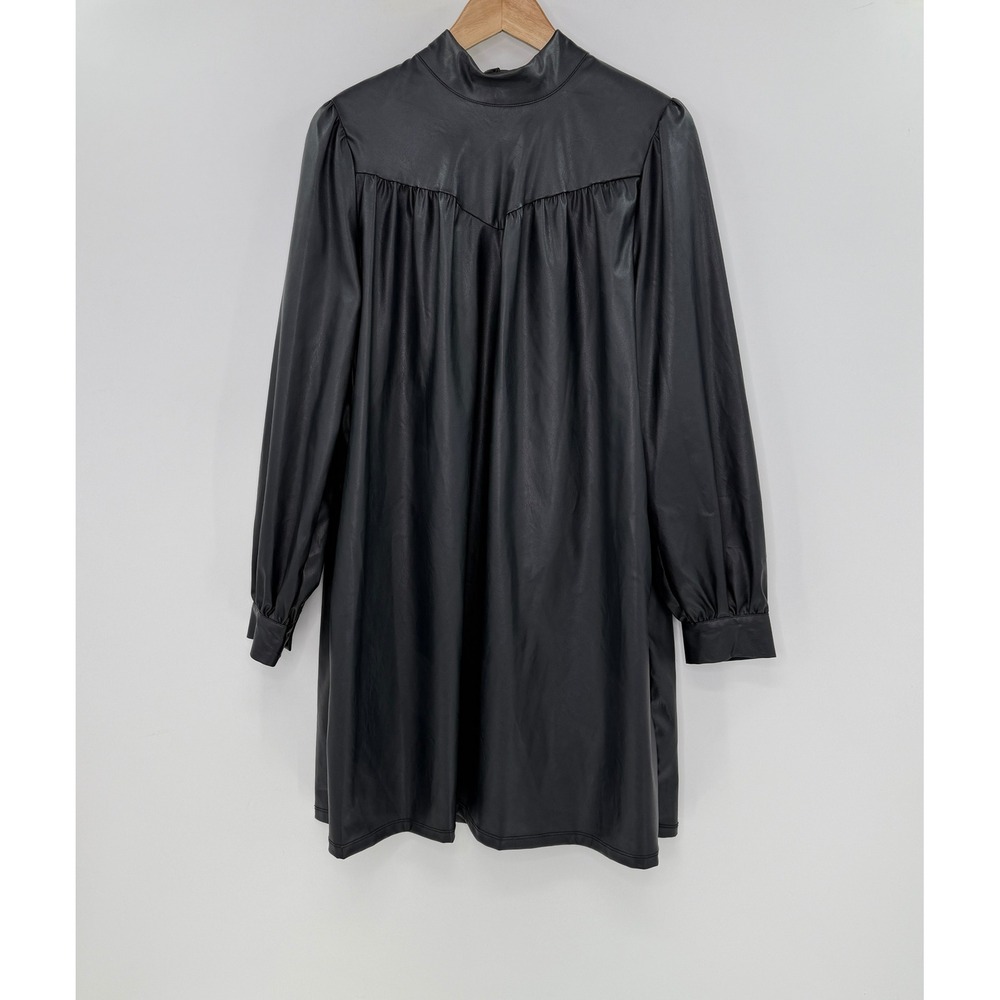 WHO WHAT WEAR Faux Leather Mock Neck Puffed Sleeve A-Line Mini Dress Black Med‎